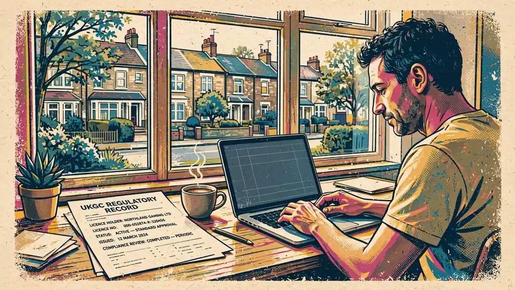 Person checking UKGC regulatory record on computer.